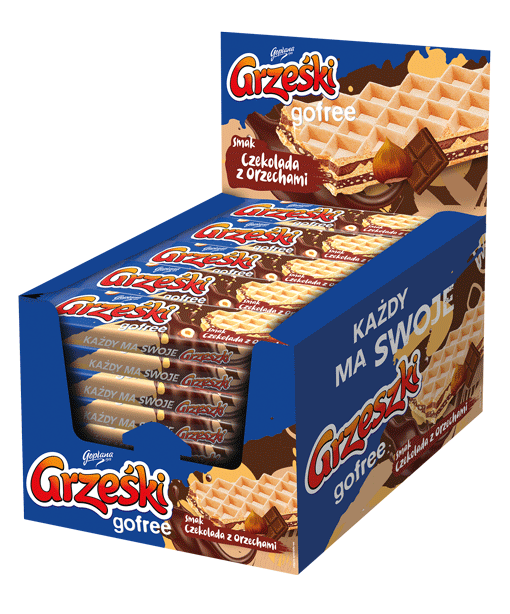 Goplana, wafelki Grześki Gofree Czekoladowe z Orzechami - display OTWARTY, 1,15 kg. islodycze.pl