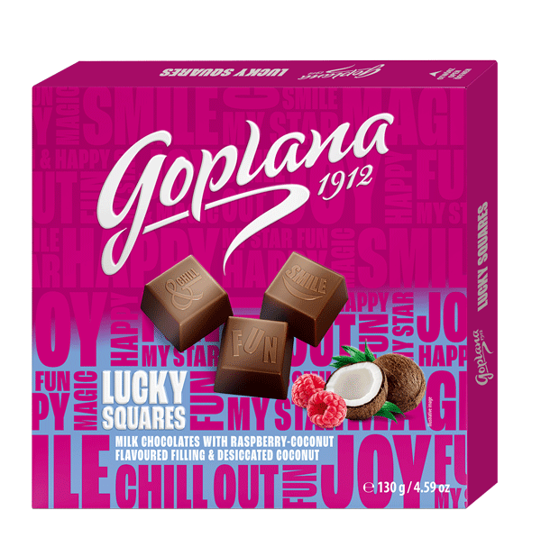 Praliny Goplana Lucky Squares o smaku malinowo-kokosowym z wiórkami kokosowymi (12X130G) 1,56KG