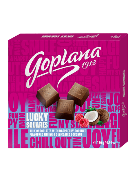 Praliny Goplana Lucky Squares o smaku malinowo-kokosowym z wiórkami kokosowymi (12X130G) 1,56KG