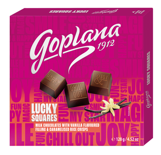 Praliny Goplana Lucky Squares o smaku smaku waniliowym z karmelizowanymi chrupkami ryżowymi (12X128G)1,53 KG