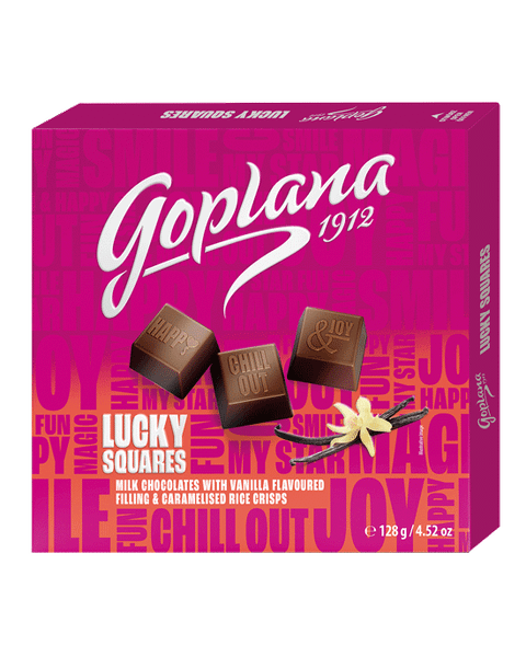 Praliny Goplana Lucky Squares o smaku smaku waniliowym z karmelizowanymi chrupkami ryżowymi (12X128G)1,53 KG